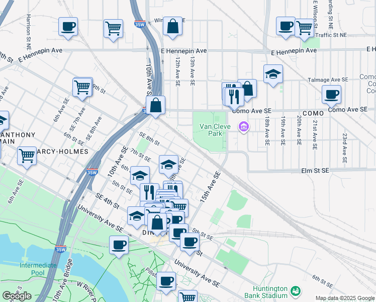 map of restaurants, bars, coffee shops, grocery stores, and more near 800 13th Avenue Southeast in Minneapolis