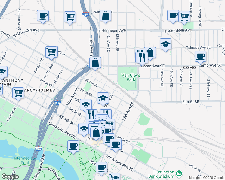 map of restaurants, bars, coffee shops, grocery stores, and more near 800 13th Avenue Southeast in Minneapolis