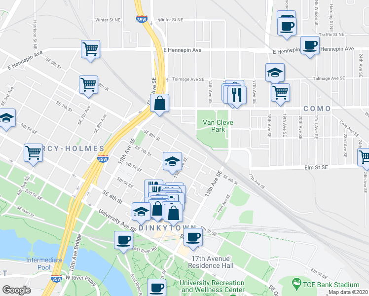 map of restaurants, bars, coffee shops, grocery stores, and more near 800 13th Avenue Southeast in Minneapolis