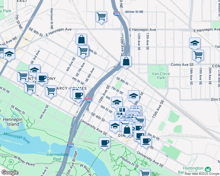 map of restaurants, bars, coffee shops, grocery stores, and more near 1016 Southeast 7th Street in Minneapolis