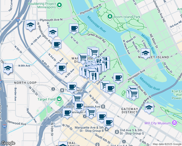 map of restaurants, bars, coffee shops, grocery stores, and more near 223 North 2nd Street in Minneapolis