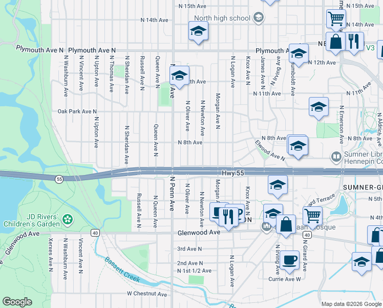 map of restaurants, bars, coffee shops, grocery stores, and more near 621 North Newton Avenue in Minneapolis