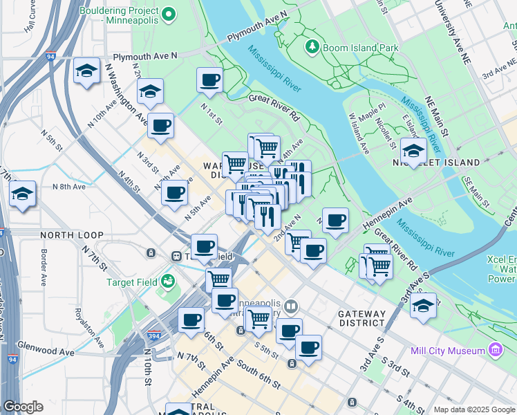 map of restaurants, bars, coffee shops, grocery stores, and more near 212 North 3rd Avenue in Minneapolis