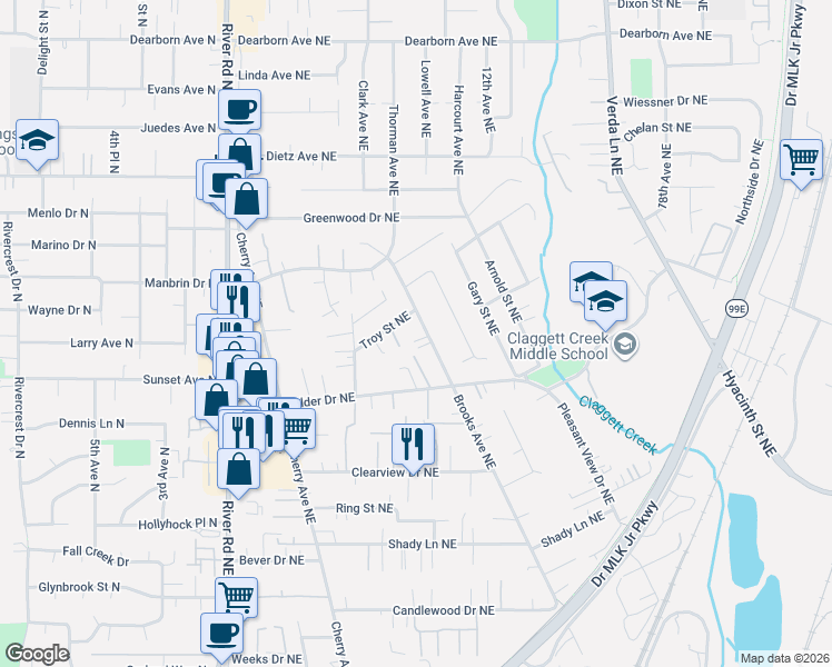 map of restaurants, bars, coffee shops, grocery stores, and more near 4175 Brooks Avenue Northeast in Keizer