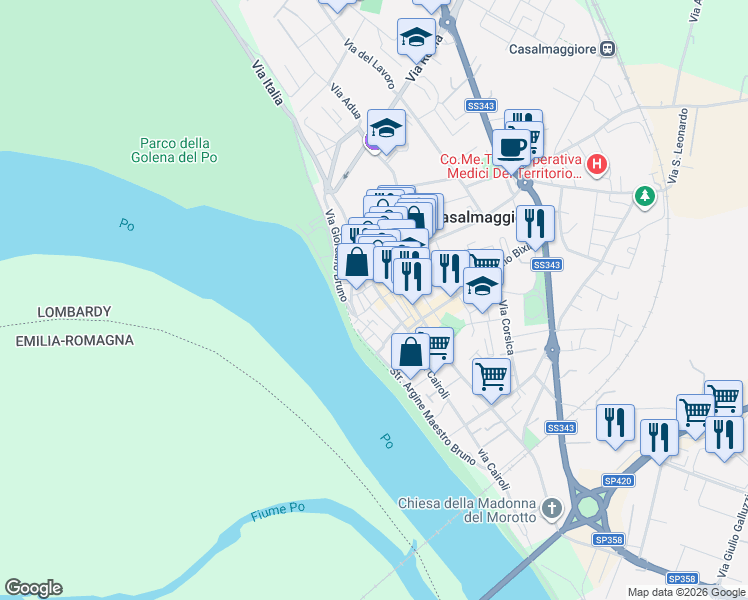 map of restaurants, bars, coffee shops, grocery stores, and more near 7 Via Aurelio Saffi in Casalmaggiore