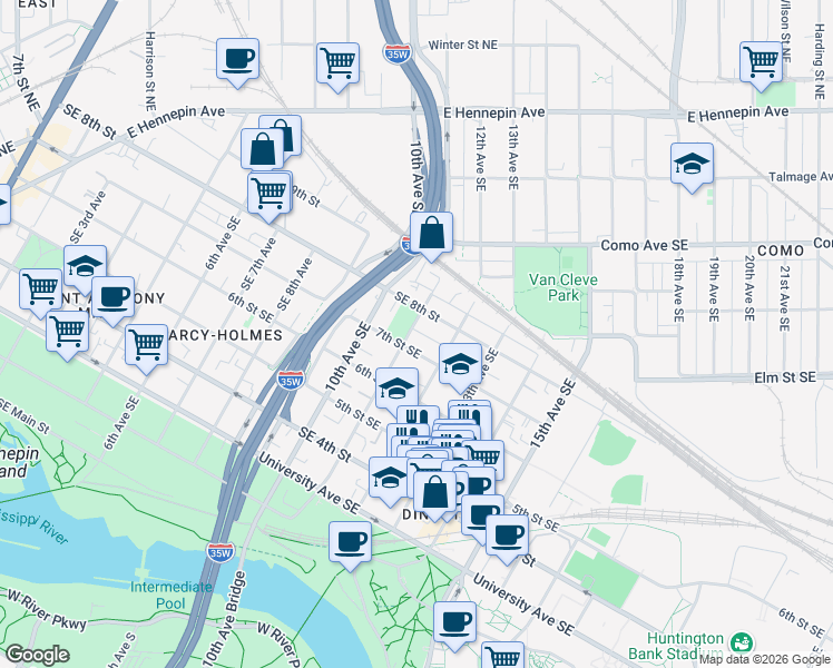 map of restaurants, bars, coffee shops, grocery stores, and more near 1109 Southeast 7th Street in Minneapolis