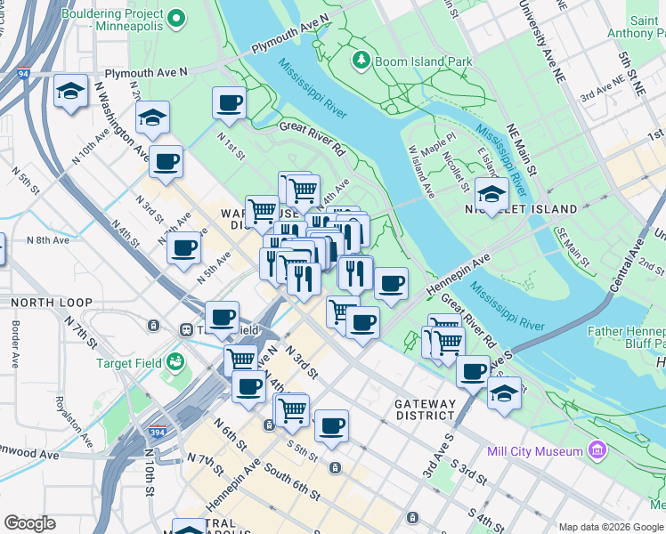 map of restaurants, bars, coffee shops, grocery stores, and more near 200 North 2nd Street in Minneapolis