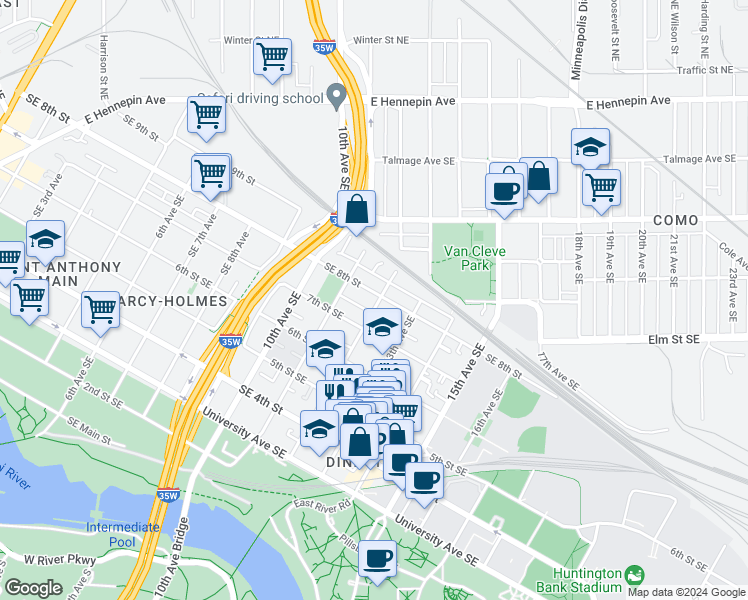 map of restaurants, bars, coffee shops, grocery stores, and more near 1126 8th Street Southeast in Minneapolis