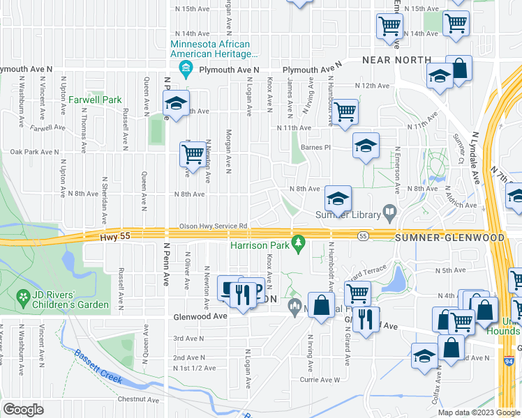 map of restaurants, bars, coffee shops, grocery stores, and more near 1700 Thomas Place North in Minneapolis