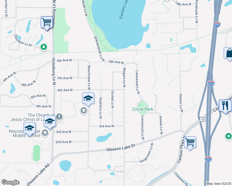 map of restaurants, bars, coffee shops, grocery stores, and more near 520 Orchid Lane North in Plymouth