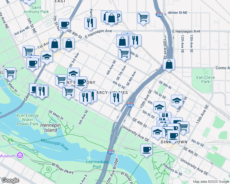 map of restaurants, bars, coffee shops, grocery stores, and more near 401 Southeast 8th Avenue in Minneapolis