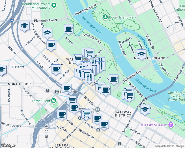 map of restaurants, bars, coffee shops, grocery stores, and more near 223 North 2nd Street in Minneapolis