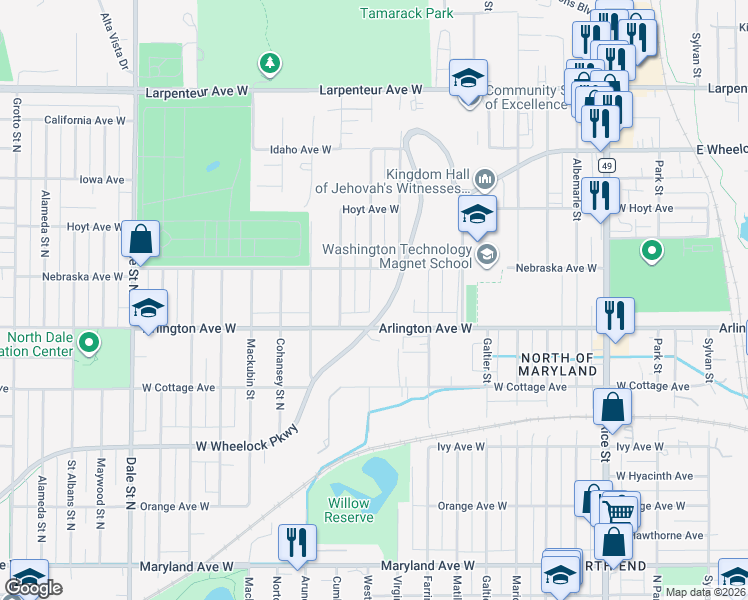 map of restaurants, bars, coffee shops, grocery stores, and more near 411 West Wheelock Parkway in Saint Paul
