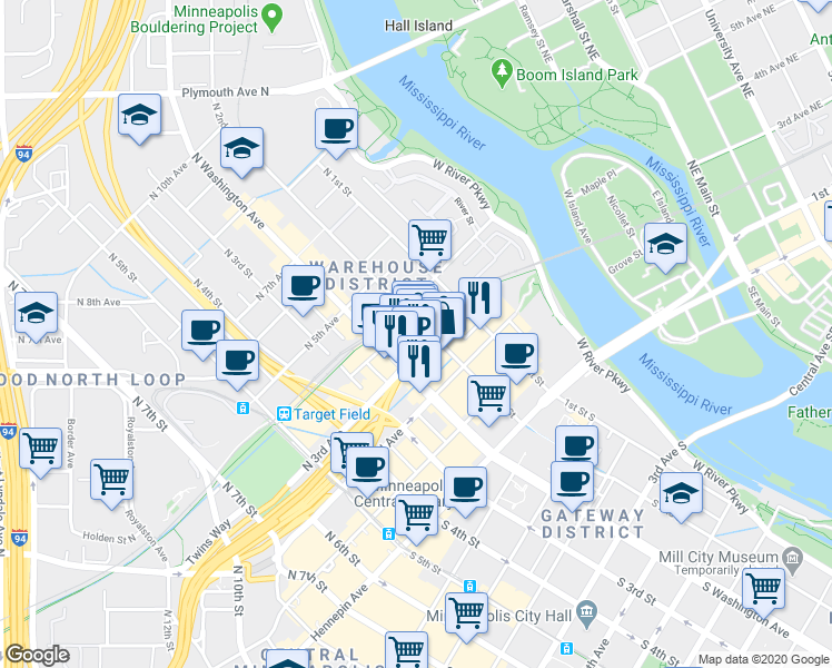 map of restaurants, bars, coffee shops, grocery stores, and more near 223 North 2nd Street in Minneapolis