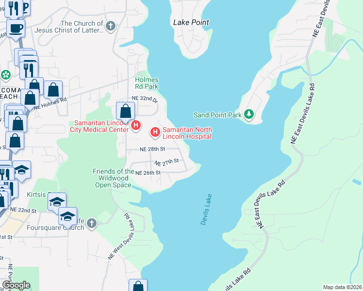 map of restaurants, bars, coffee shops, grocery stores, and more near 2686 Northeast Lake Drive in Lincoln City