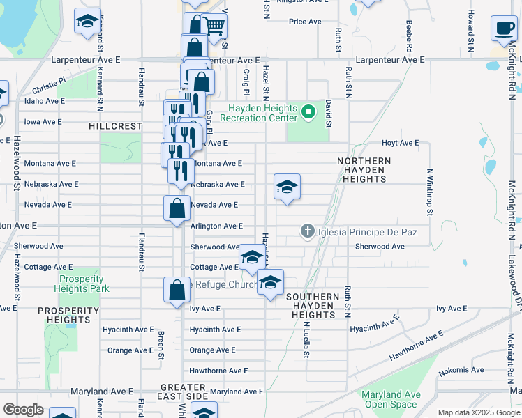 map of restaurants, bars, coffee shops, grocery stores, and more near 1467 North Hazel Street in Saint Paul