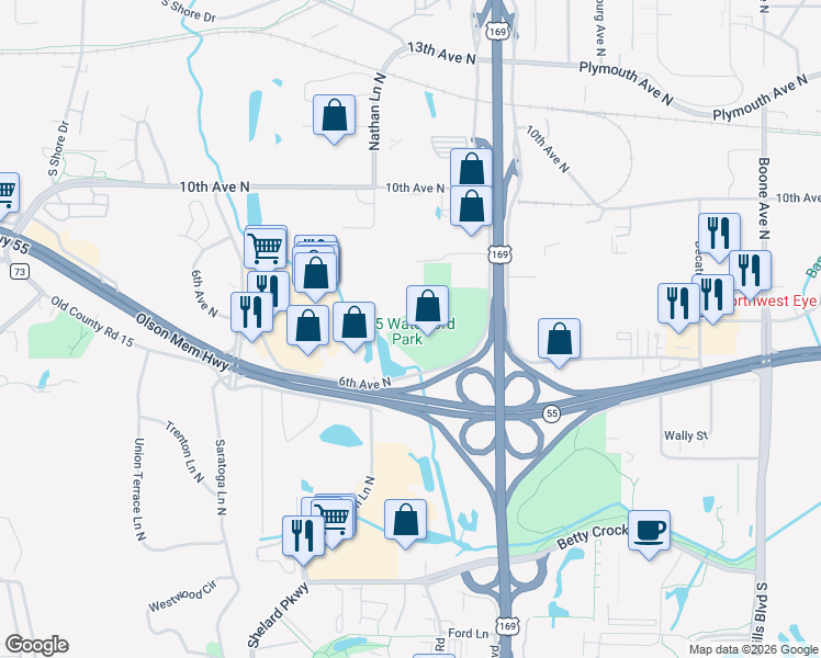 map of restaurants, bars, coffee shops, grocery stores, and more near 505 U.S. 169 in Plymouth