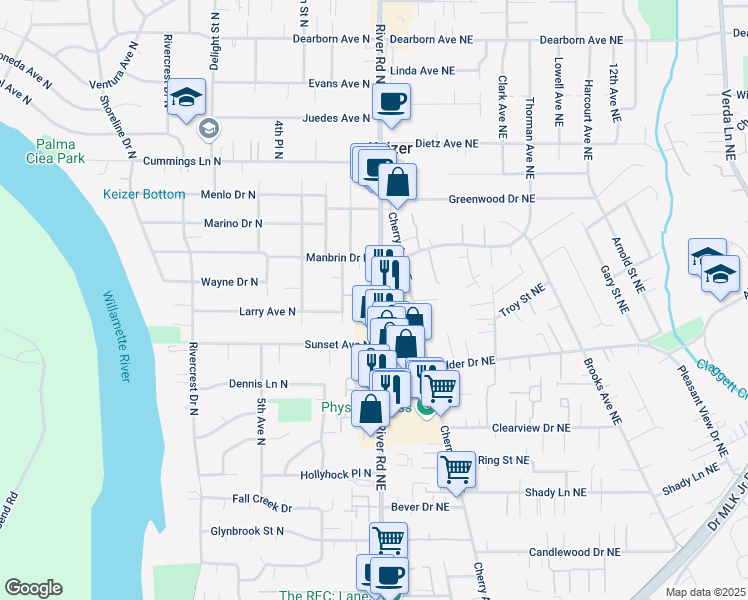 map of restaurants, bars, coffee shops, grocery stores, and more near 4131 River Road North in Keizer