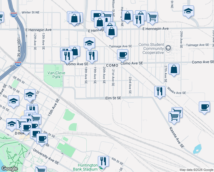 map of restaurants, bars, coffee shops, grocery stores, and more near 855 21st Avenue Southeast in Minneapolis