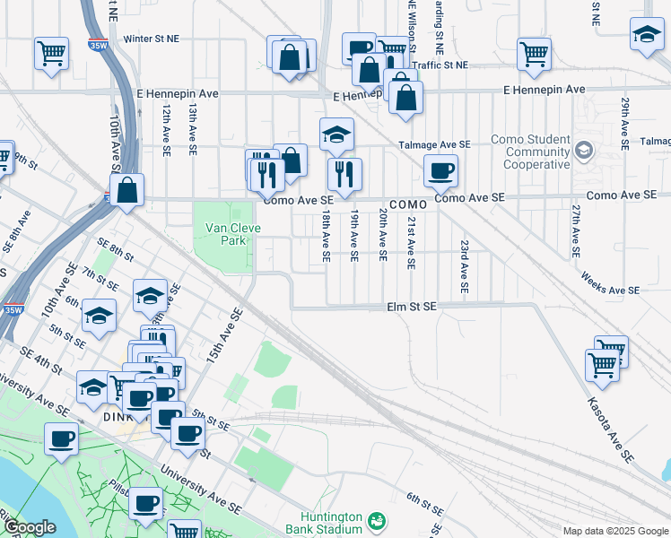 map of restaurants, bars, coffee shops, grocery stores, and more near 852 18th Avenue Southeast in Minneapolis