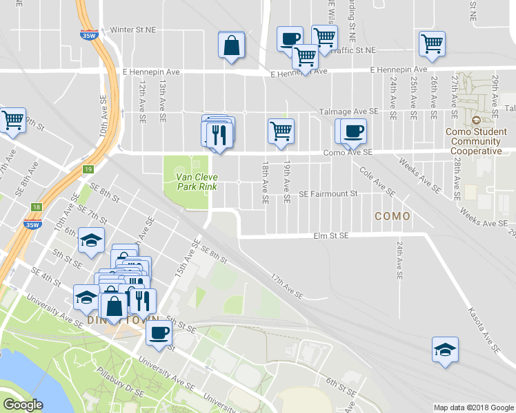 map of restaurants, bars, coffee shops, grocery stores, and more near 918 17th Avenue Southeast in Minneapolis