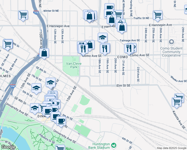 map of restaurants, bars, coffee shops, grocery stores, and more near 918 17th Avenue Southeast in Minneapolis