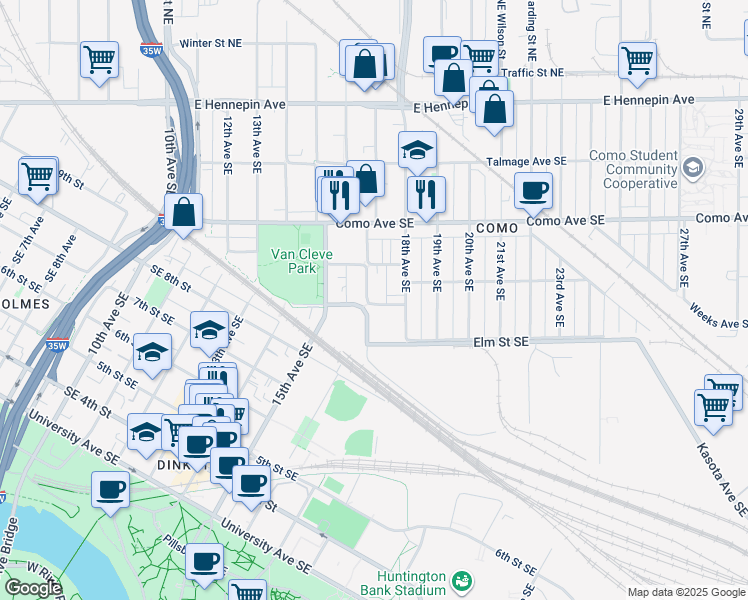 map of restaurants, bars, coffee shops, grocery stores, and more near 918 17th Avenue Southeast in Minneapolis