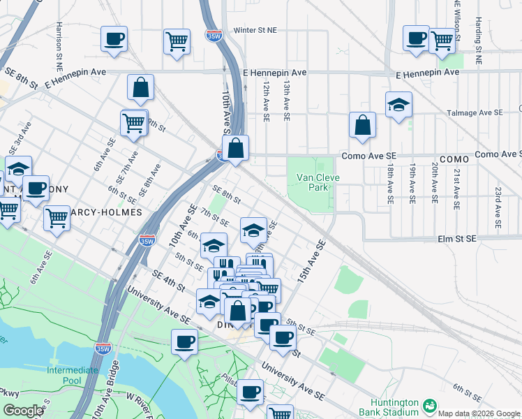 map of restaurants, bars, coffee shops, grocery stores, and more near 716 12th Avenue Southeast in Minneapolis
