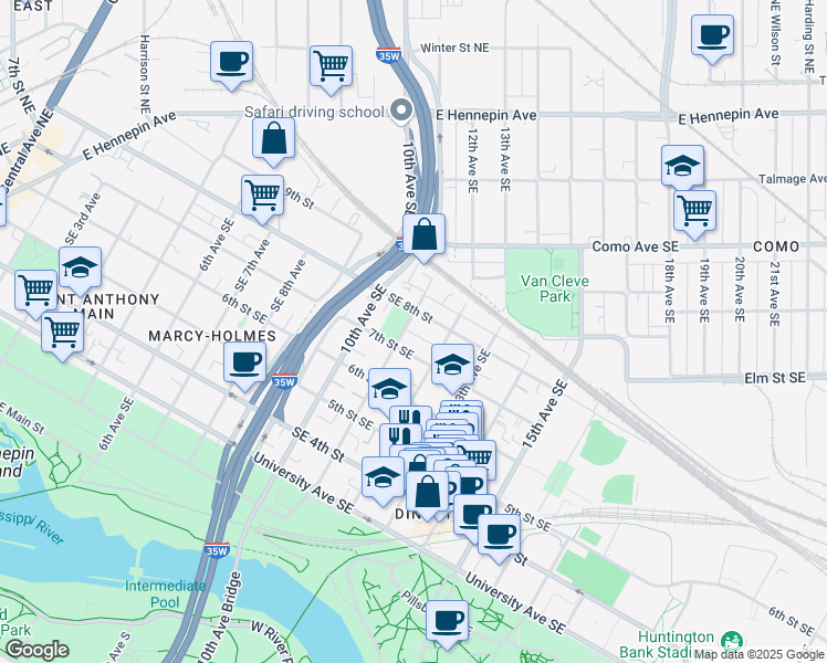 map of restaurants, bars, coffee shops, grocery stores, and more near 1109 Southeast 7th Street in Minneapolis
