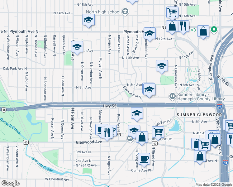 map of restaurants, bars, coffee shops, grocery stores, and more near 3431 Dupont Avenue North in Minneapolis