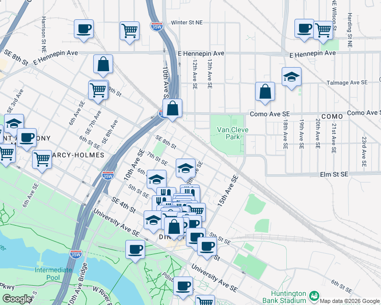 map of restaurants, bars, coffee shops, grocery stores, and more near 716 12th Avenue Southeast in Minneapolis