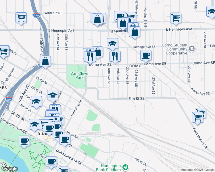 map of restaurants, bars, coffee shops, grocery stores, and more near 852 18th Avenue Southeast in Minneapolis