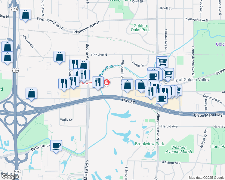 map of restaurants, bars, coffee shops, grocery stores, and more near 8401 Golden Valley Road in Golden Valley