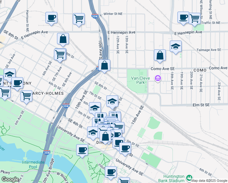 map of restaurants, bars, coffee shops, grocery stores, and more near 716 12th Avenue Southeast in Minneapolis