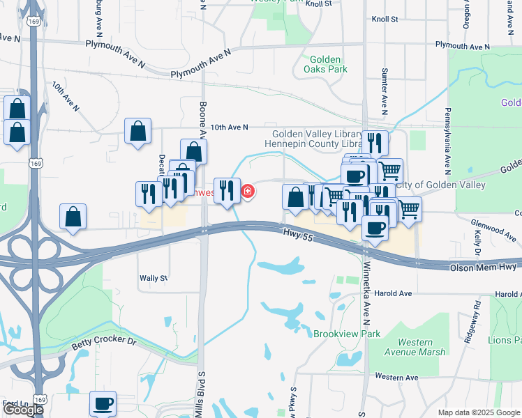 map of restaurants, bars, coffee shops, grocery stores, and more near 8401 Golden Valley Road in Golden Valley