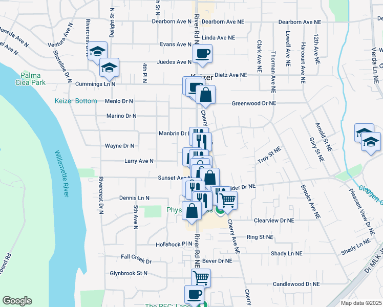 map of restaurants, bars, coffee shops, grocery stores, and more near 4131 River Road North in Keizer