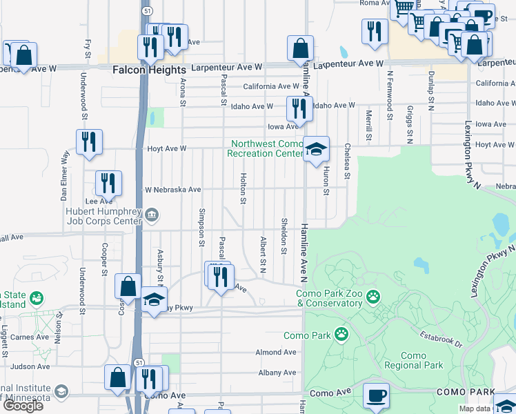 map of restaurants, bars, coffee shops, grocery stores, and more near 1397 Arlington Avenue West in Saint Paul