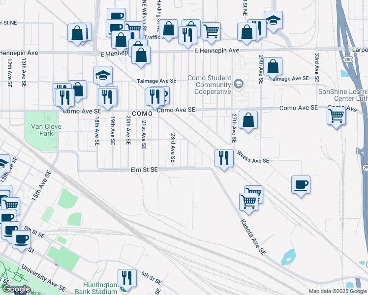 map of restaurants, bars, coffee shops, grocery stores, and more near 847 24th Avenue Southeast in Minneapolis