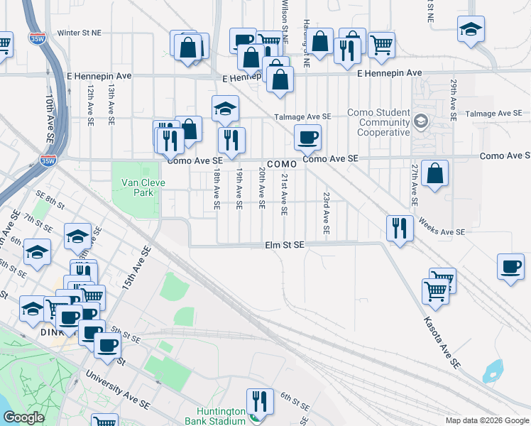 map of restaurants, bars, coffee shops, grocery stores, and more near 855 21st Avenue Southeast in Minneapolis