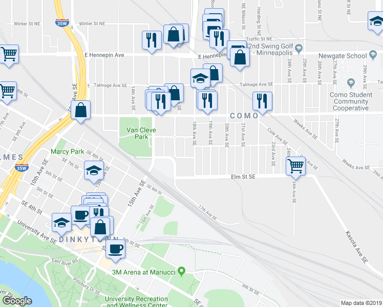 map of restaurants, bars, coffee shops, grocery stores, and more near 852 18th Avenue Southeast in Minneapolis