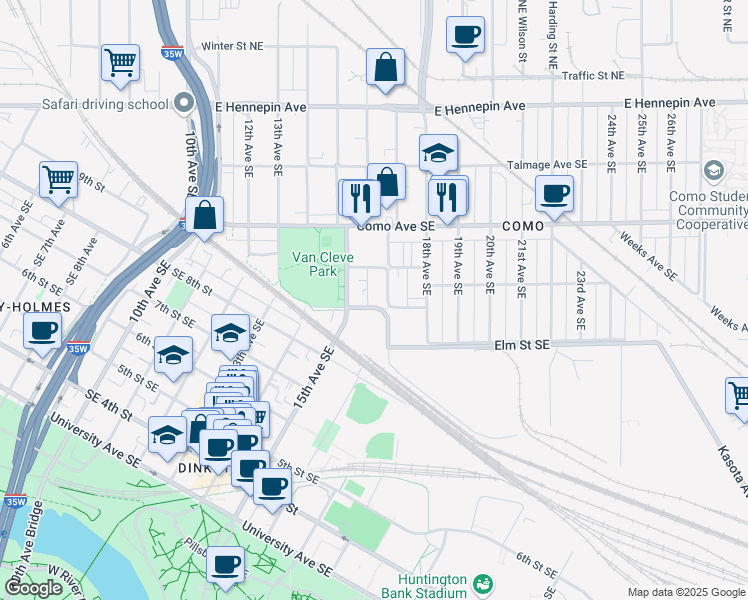 map of restaurants, bars, coffee shops, grocery stores, and more near 1600 Rollins Avenue Southeast in Minneapolis