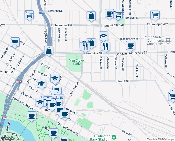 map of restaurants, bars, coffee shops, grocery stores, and more near 1600 Rollins Avenue Southeast in Minneapolis