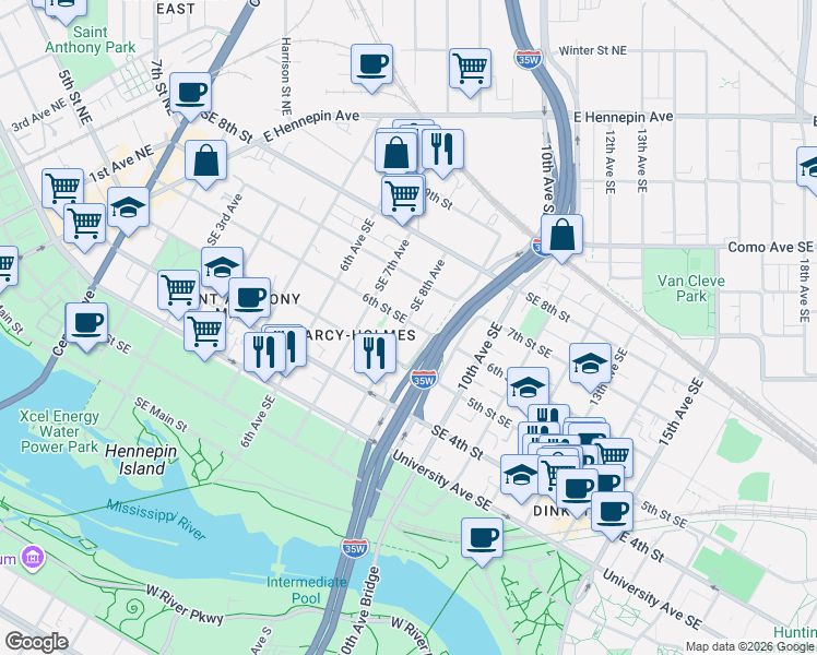 map of restaurants, bars, coffee shops, grocery stores, and more near 500 Southeast 8th Avenue in Minneapolis