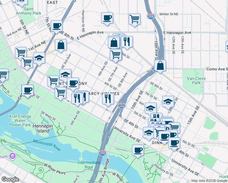 map of restaurants, bars, coffee shops, grocery stores, and more near 500 Southeast 8th Avenue in Minneapolis