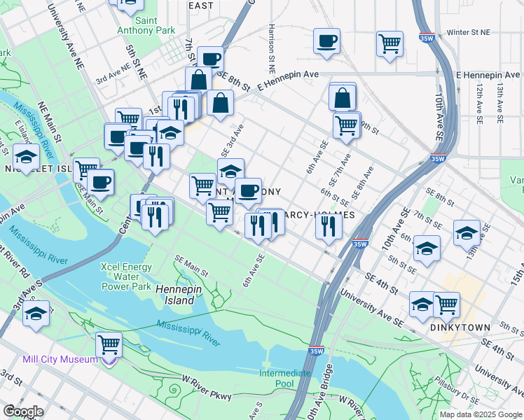map of restaurants, bars, coffee shops, grocery stores, and more near 550 Southeast 4th Street in Minneapolis