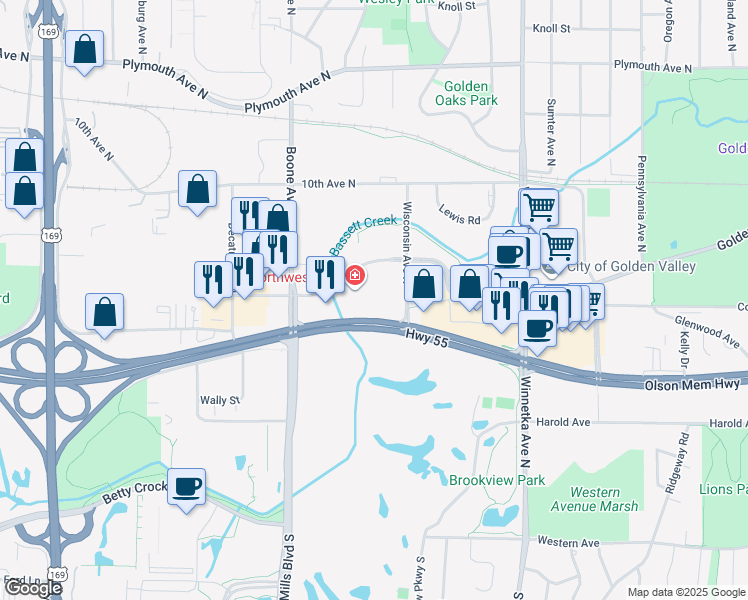 map of restaurants, bars, coffee shops, grocery stores, and more near 8650-8820 Olson Memorial Highway in Golden Valley