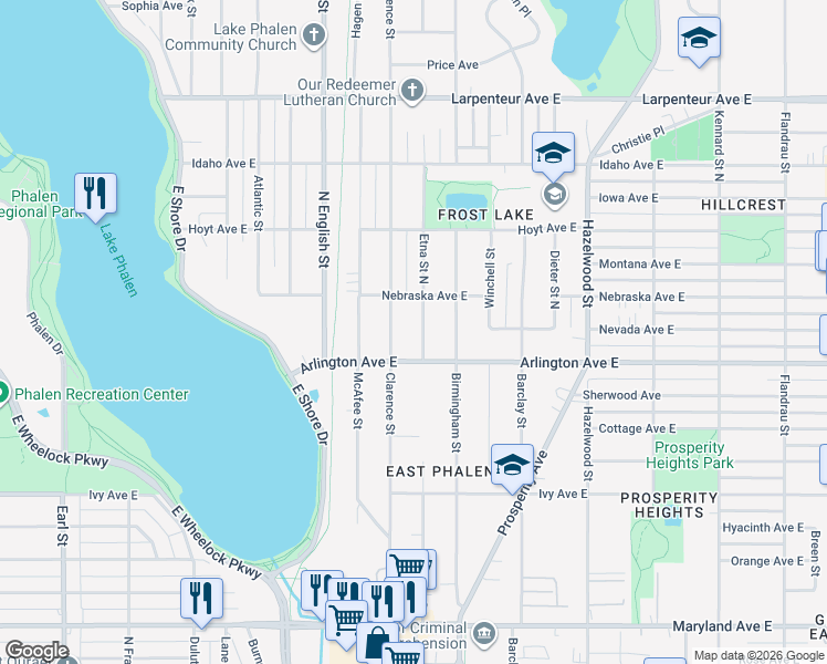 map of restaurants, bars, coffee shops, grocery stores, and more near 1381 Arlington Avenue East in Saint Paul