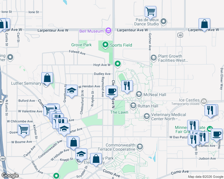 map of restaurants, bars, coffee shops, grocery stores, and more near 1445 Cleveland Avenue North in Saint Paul