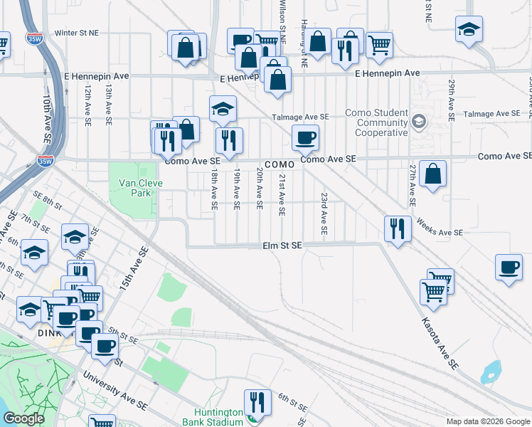 map of restaurants, bars, coffee shops, grocery stores, and more near 855 21st Avenue Southeast in Minneapolis