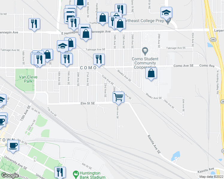 map of restaurants, bars, coffee shops, grocery stores, and more near 847 24th Avenue Southeast in Minneapolis